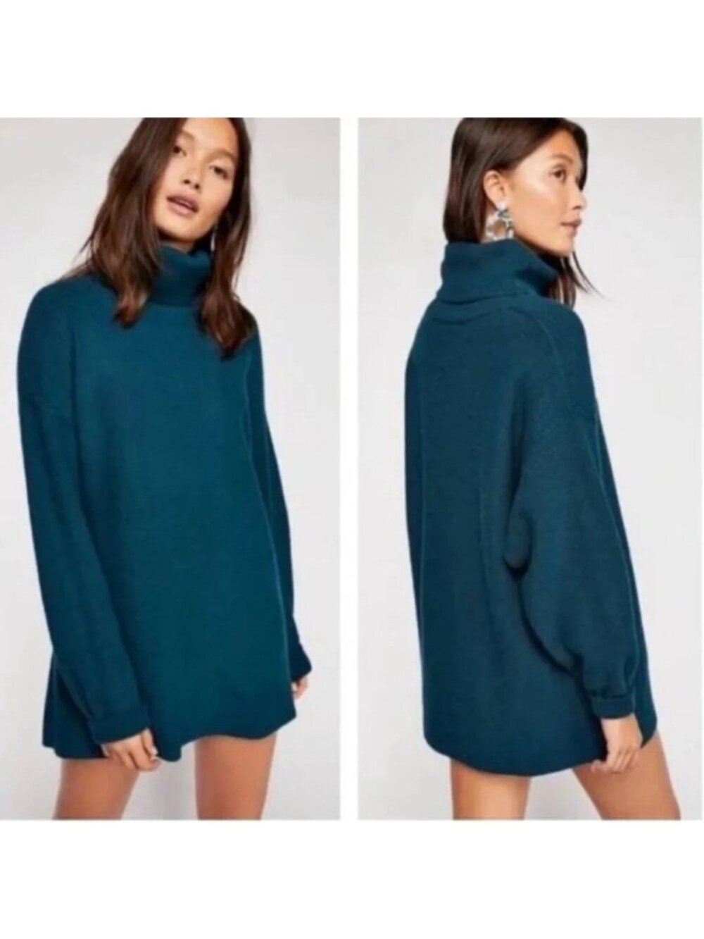 Free People LG Softly Structured Oversized Tunic Turtleneck Sweater Deep Jade